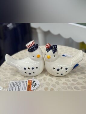 Patriotic Ceramic Birds set of 2/light up - Red White Blue
